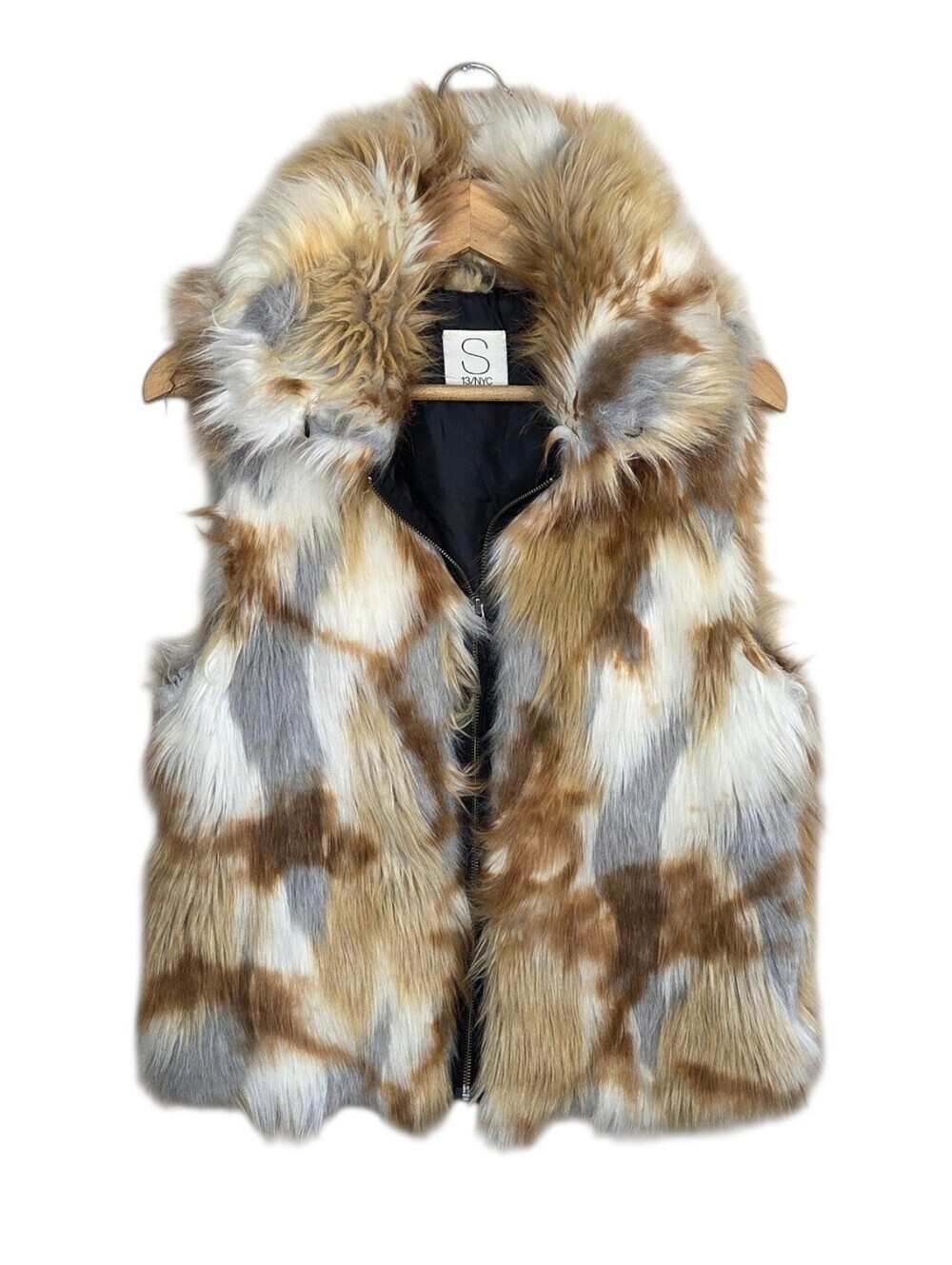 S13/NYC Faux Fox Fur Zip Front Furry Vest Brown Cream Gray